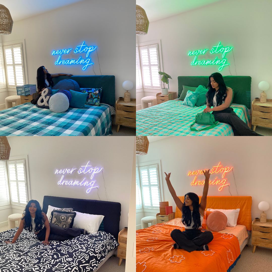 Custom Neon® RGB color changing sign above a bed