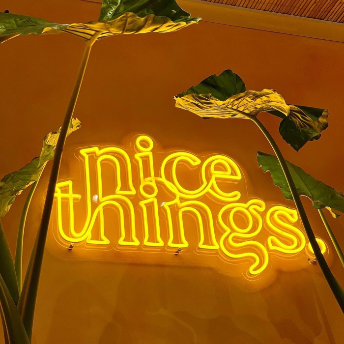 Yellow logo sign for the Nice Things plant store made by Custom Neon™