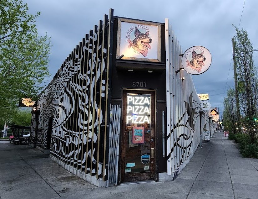 Custom Neon® white Pizza Pizza Pizza storefront sign @boxcarpizza