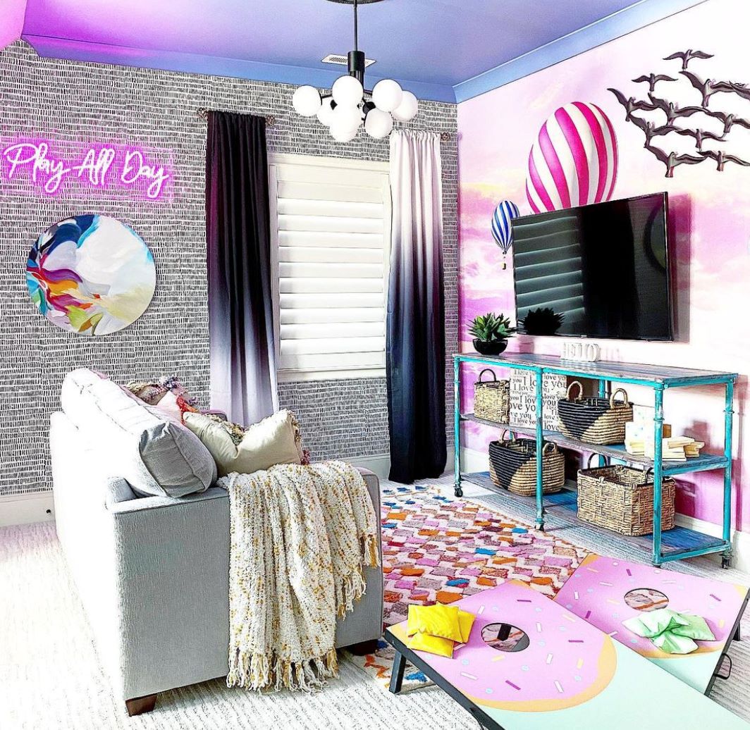 Custom Neon® pink Play All Day sign in living room @shannonking_eclecticinteriors