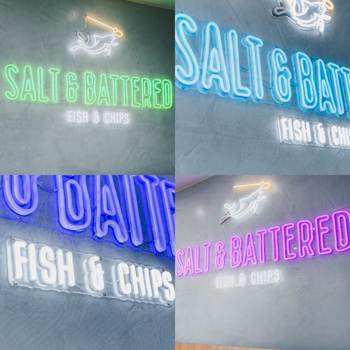 Custom Neon™ signs RGB color changing animated logo sign in a fish and chip shop