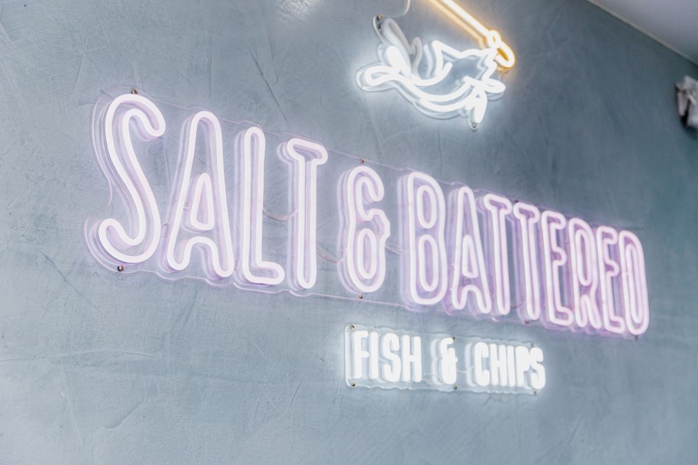 Salt & Battered color changing Custom Neon® RGB sign on pink