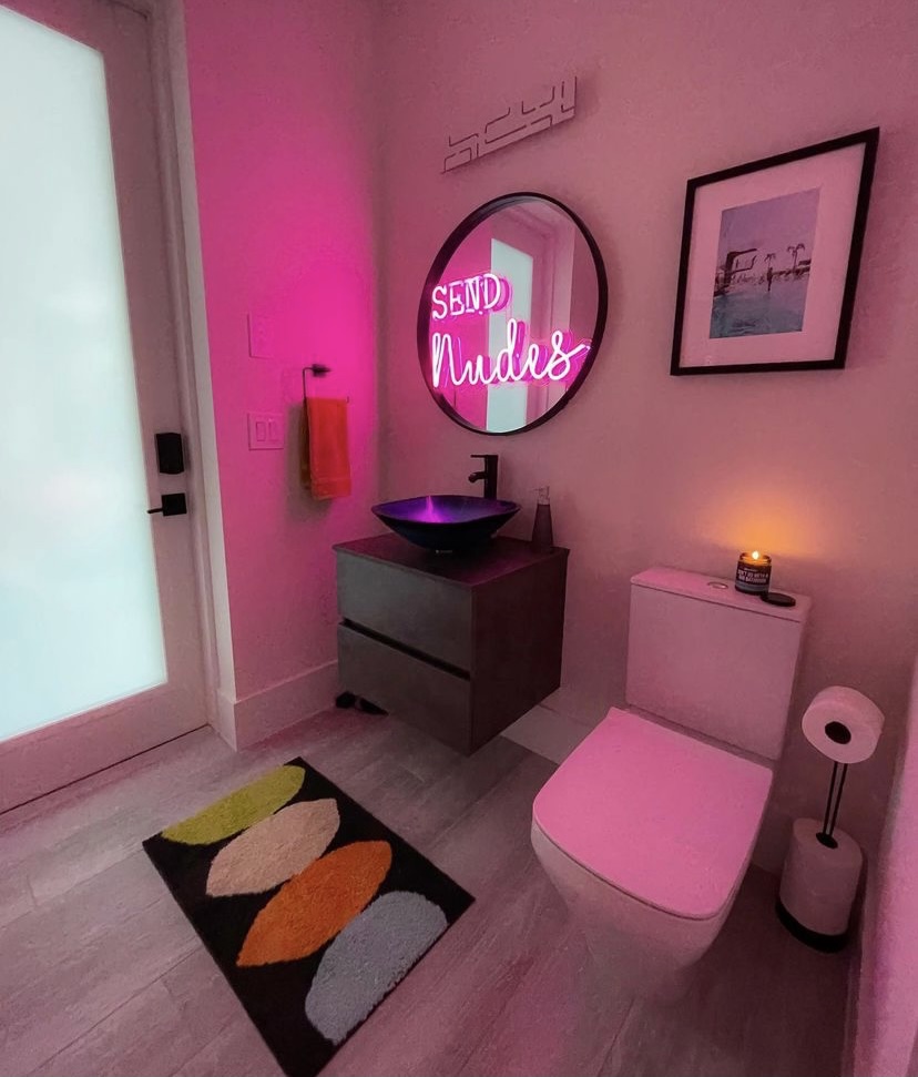 Custom Neon® Pink Send Nudes sign in restroom @laurenlycreative