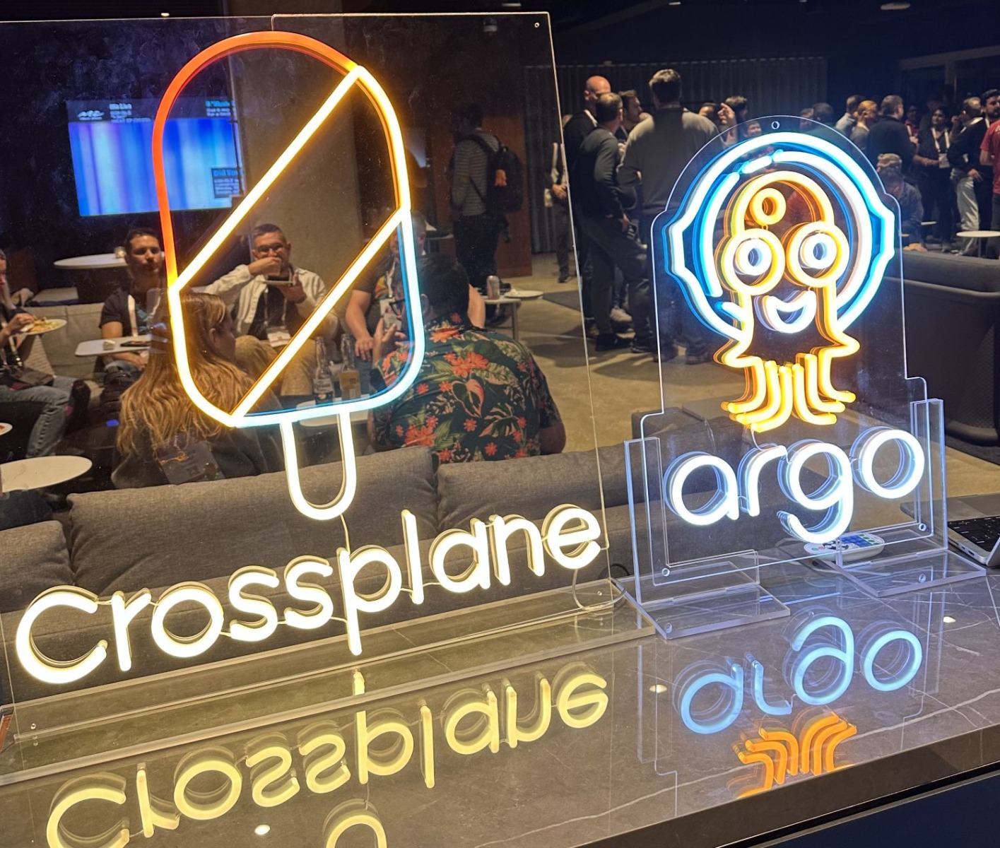 Custom Neon® freestanding expo signs on acrylic stands