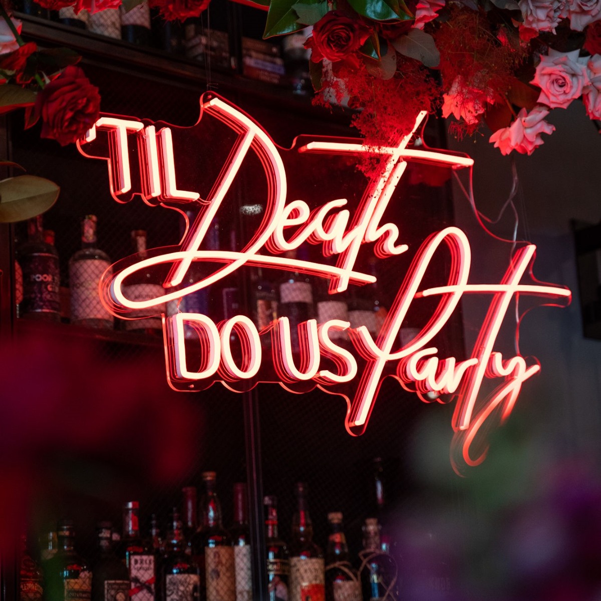 Til Death Do Us Party red Custom Neon® wedding sign above the bar @weddingsatkittyhawk @cupidandcostudios