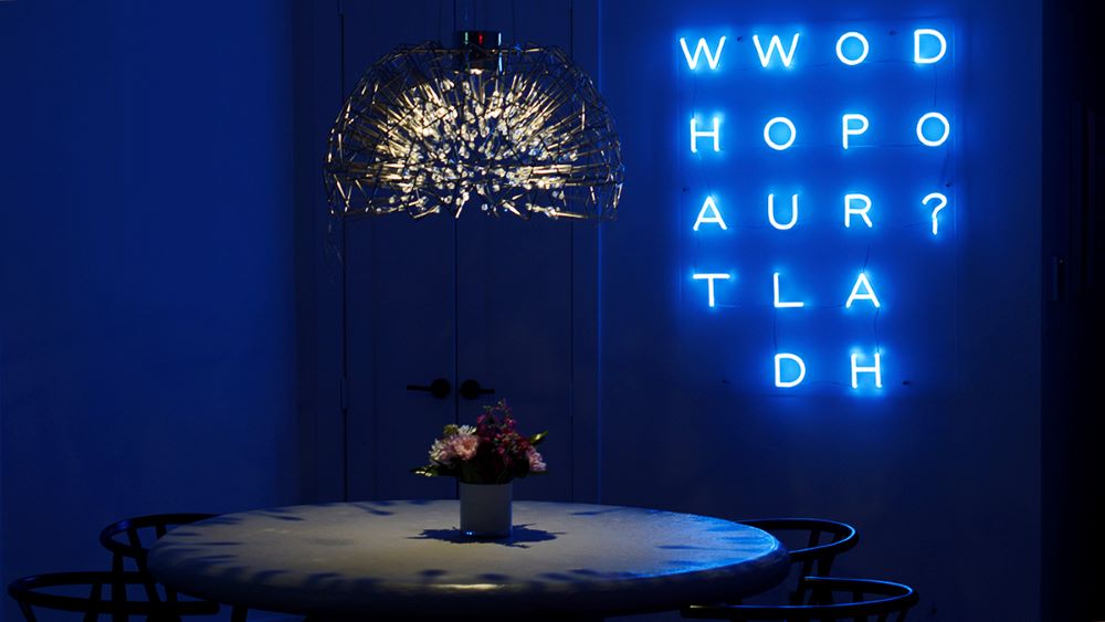 What Would Oprah Do? color changing Custom Neon® RGB sign on blue @inspiredcitizen